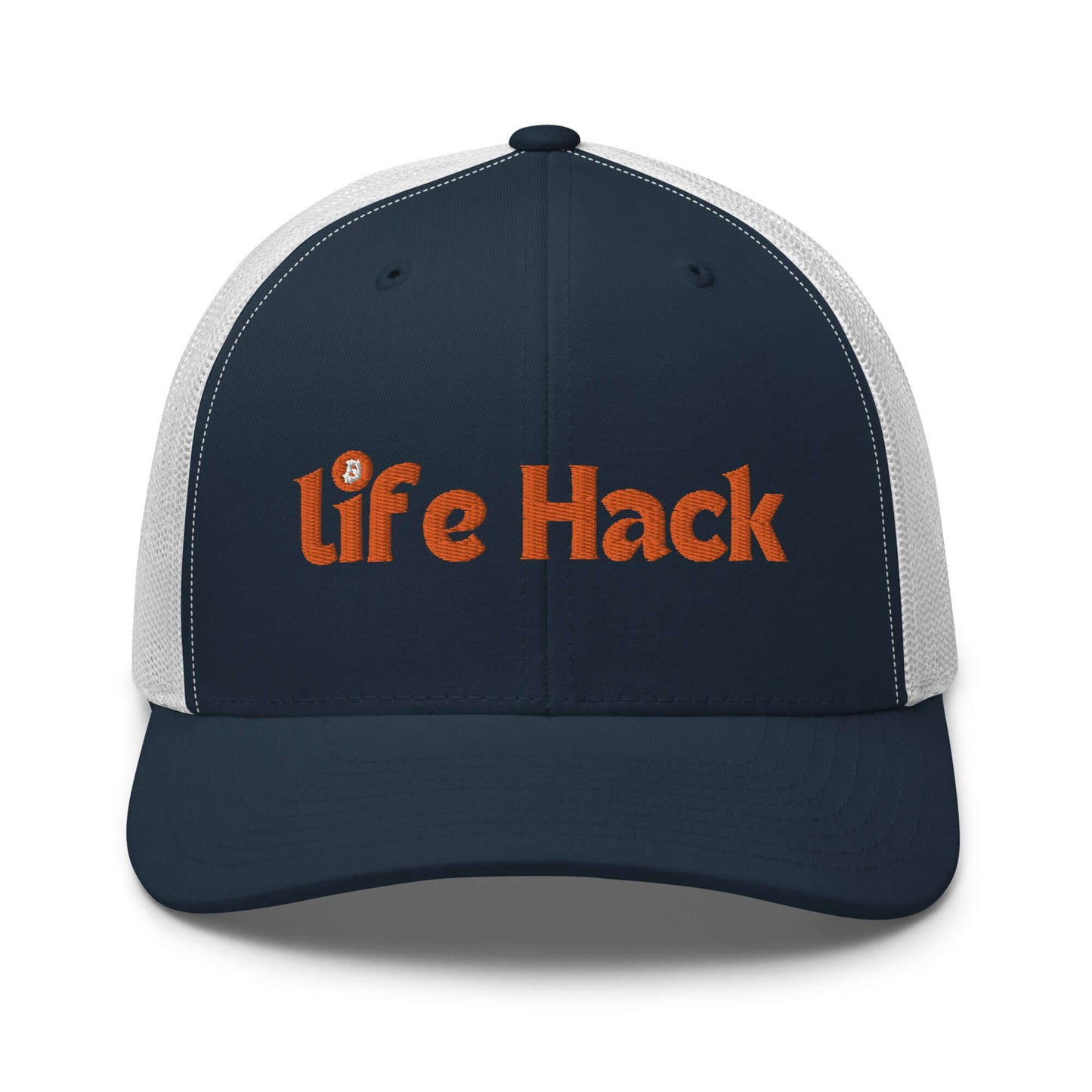 Life Hack Trucker Cap – Mesh-back trucker hat with a Bitcoin-themed 'Life Hack' design