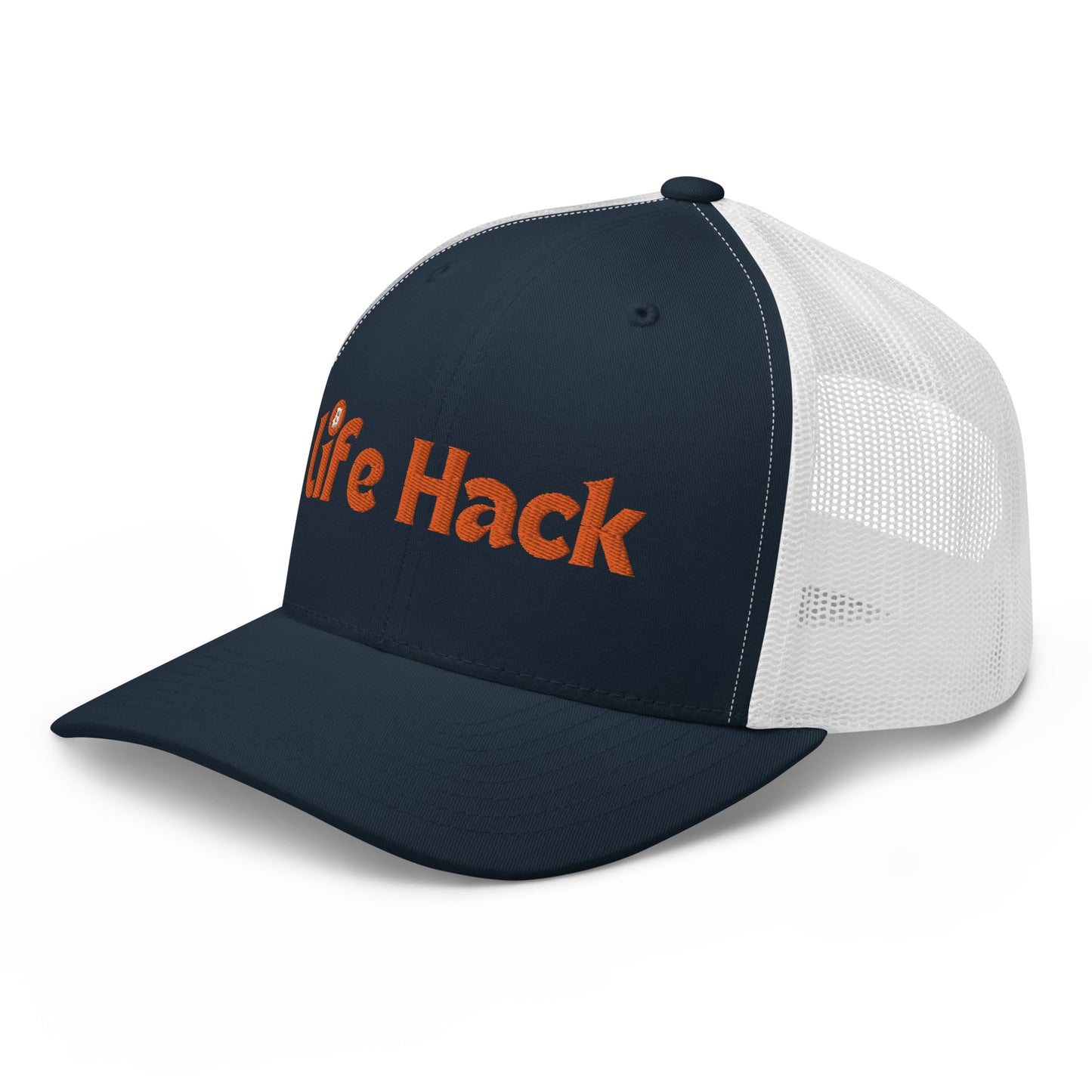 Life Hack Trucker Cap – Mesh-back trucker hat with a Bitcoin-themed 'Life Hack' design