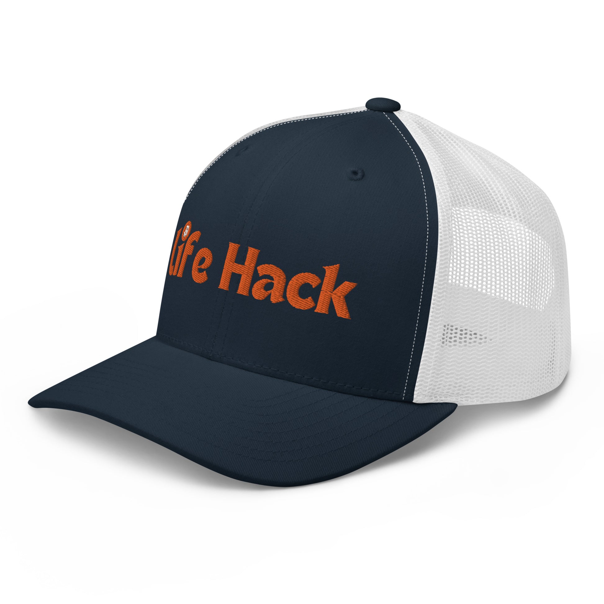 Life Hack Trucker Cap – Mesh-back trucker hat with a Bitcoin-themed 'Life Hack' design