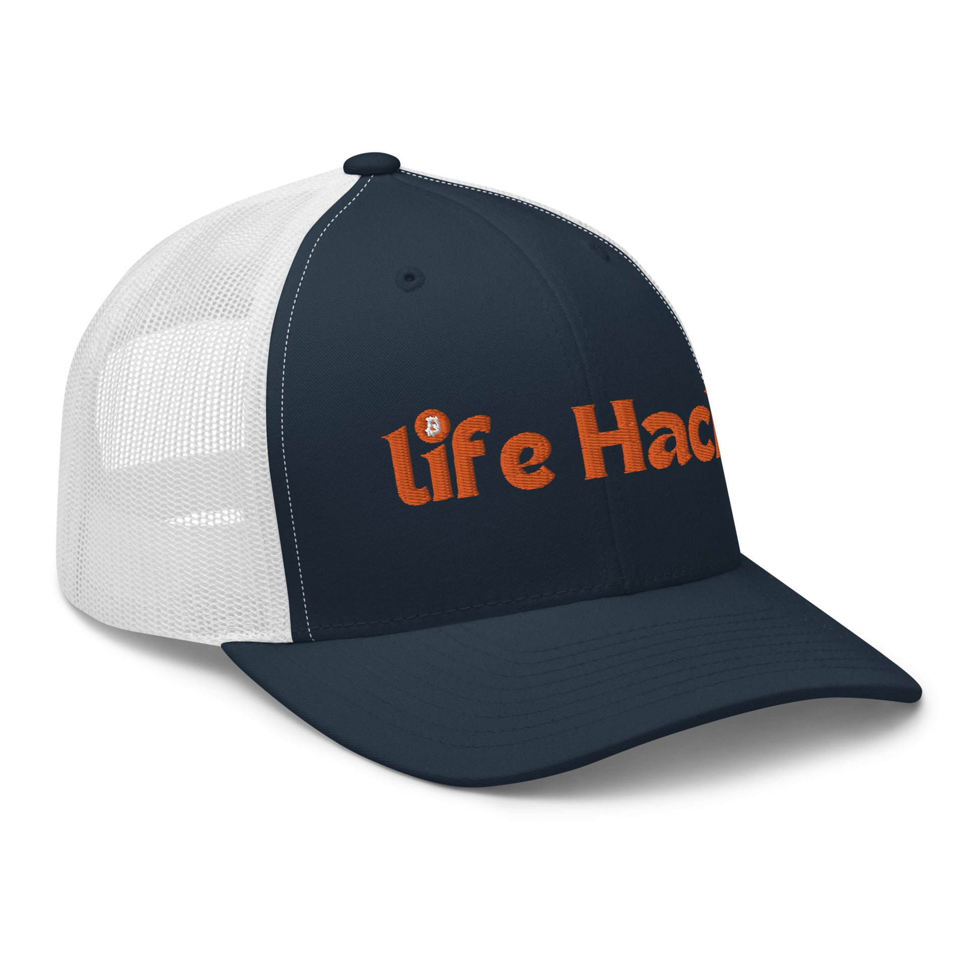 Life Hack Trucker Cap – Mesh-back trucker hat with a Bitcoin-themed 'Life Hack' design