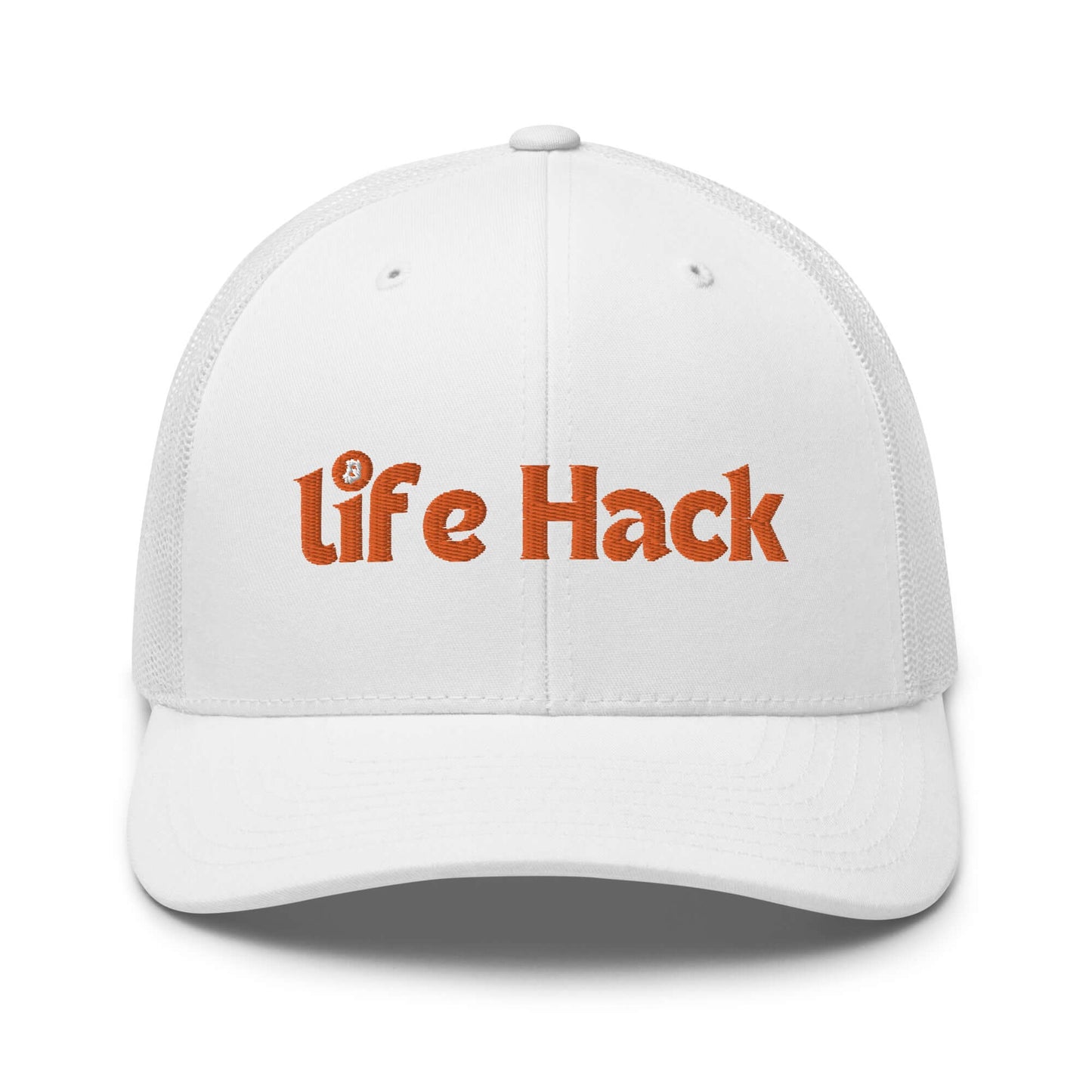 Life Hack Trucker Cap – Mesh-back trucker hat with a Bitcoin-themed 'Life Hack' design