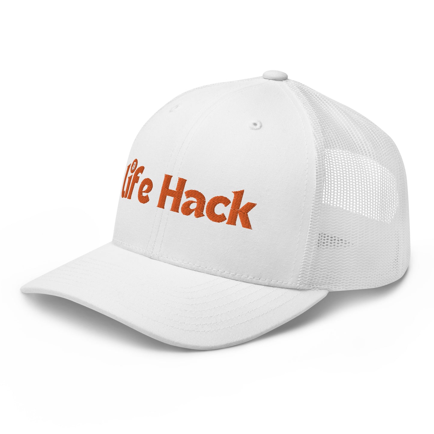 Life Hack Trucker Cap – Mesh-back trucker hat with a Bitcoin-themed 'Life Hack' design