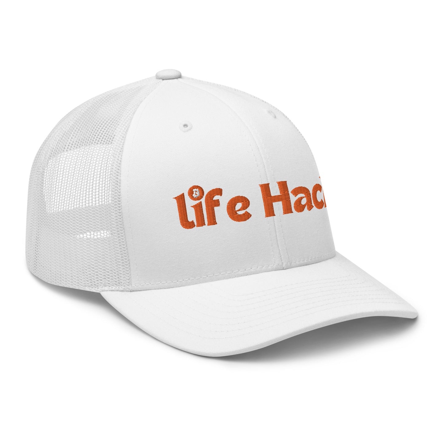 Life Hack Trucker Cap – Mesh-back trucker hat with a Bitcoin-themed 'Life Hack' design