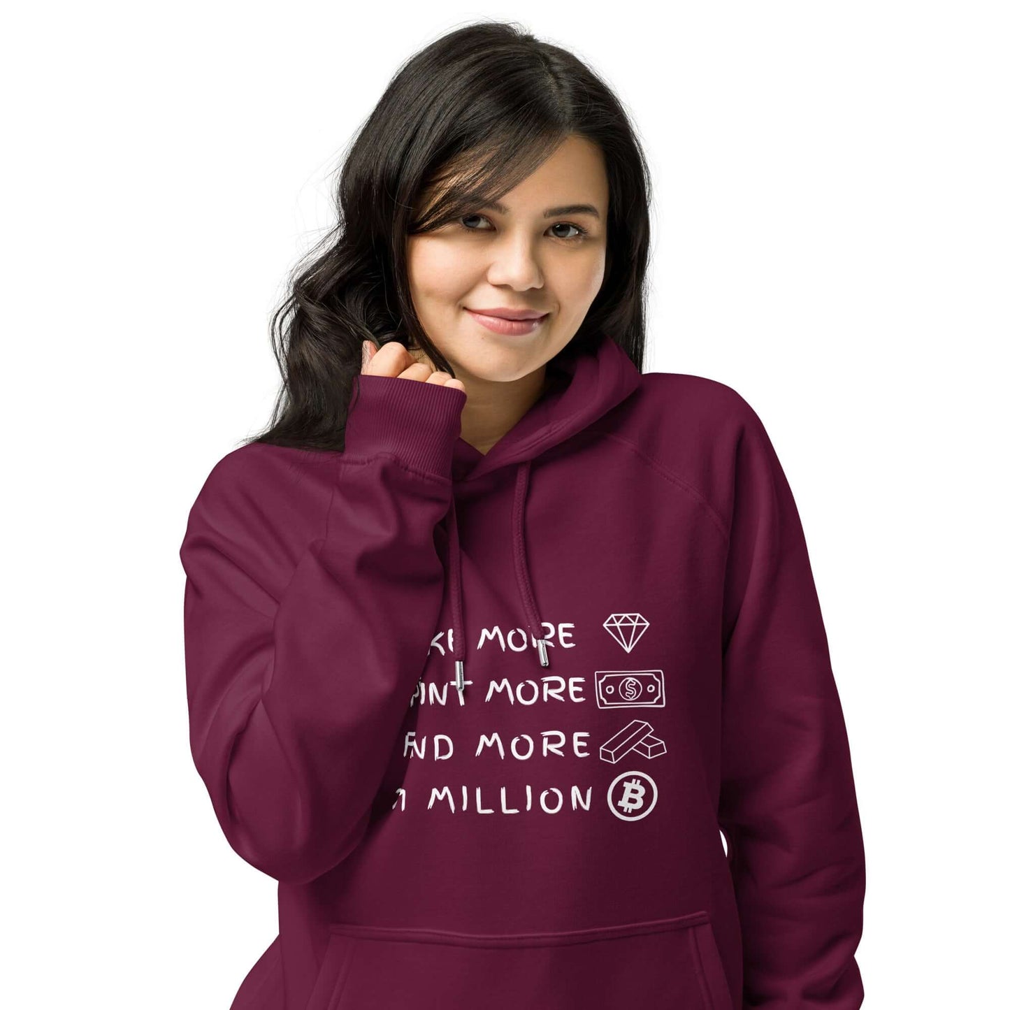 Make more, print more, find more, 21 Million Unisex eco raglan hoodie