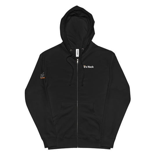 Life Hack Unisex Fleece Zip-Up Hoodie – Soft and warm zip-up hoodie with a Bitcoin-themed 'Life Hack' design