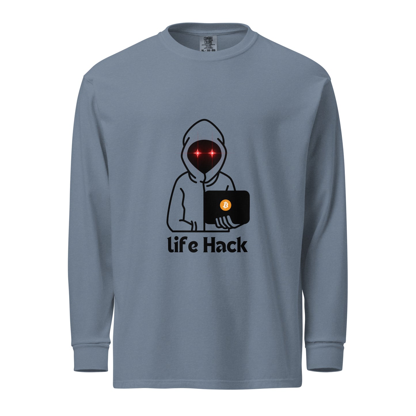 Life Hack Garment-Dyed Heavyweight Long-Sleeve Shirt – Durable, soft long-sleeve shirt with a Bitcoin-themed 'Life Hack' design