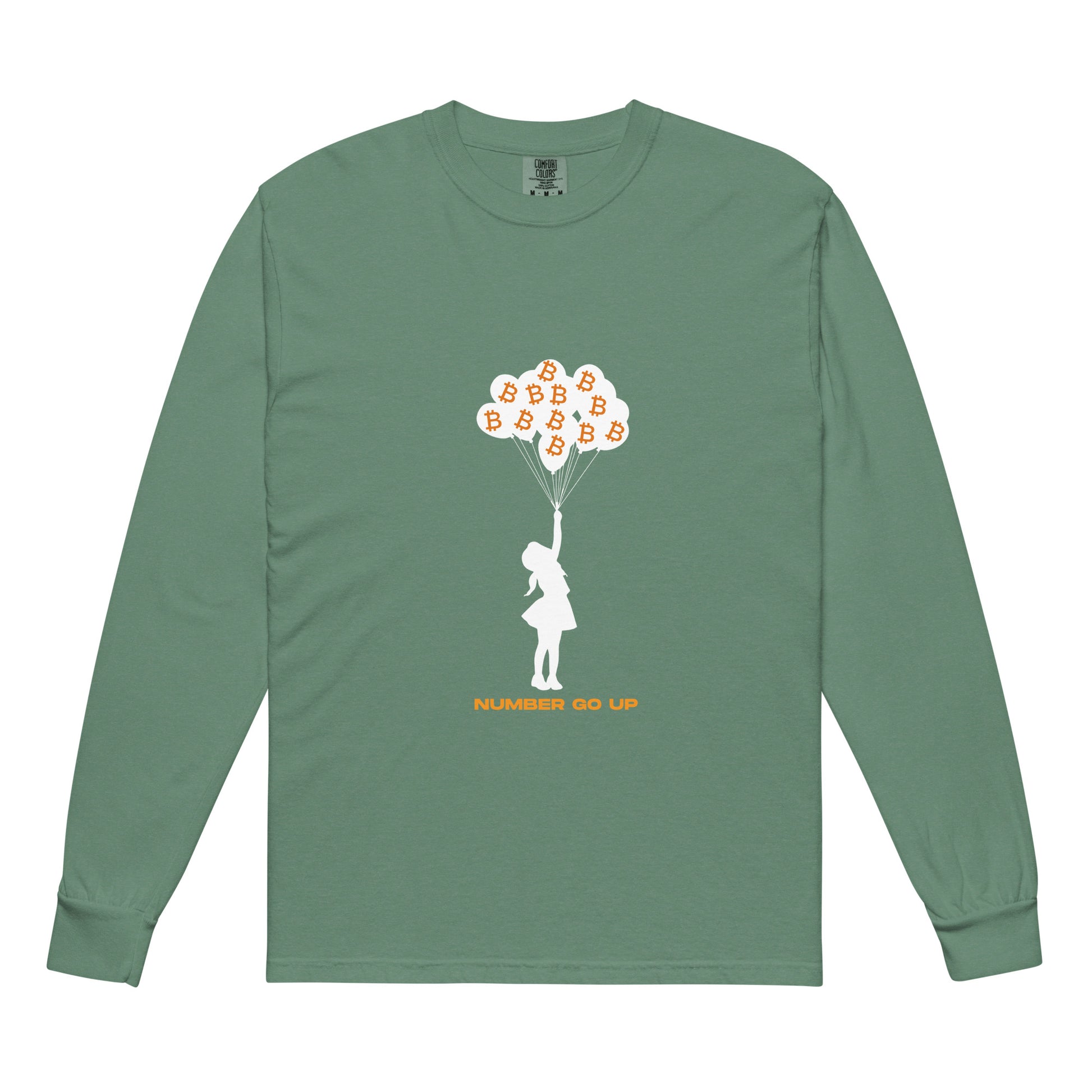 Garment-Dyed Number Go Up Heavyweight Long-Sleeve Shirt – Soft, durable long-sleeve shirt with a Bitcoin-themed 'Number Go Up' design