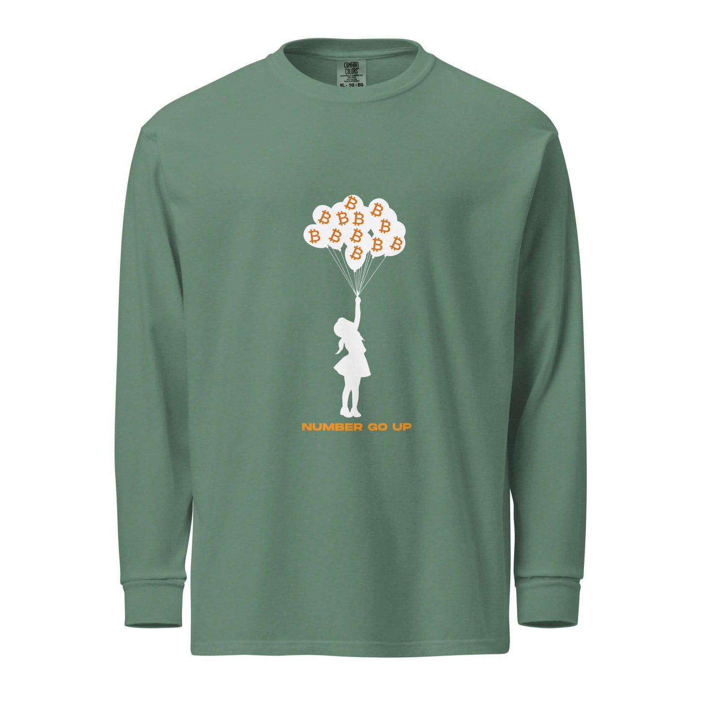 Garment-Dyed Number Go Up Heavyweight Long-Sleeve Shirt – Soft, durable long-sleeve shirt with a Bitcoin-themed 'Number Go Up' design