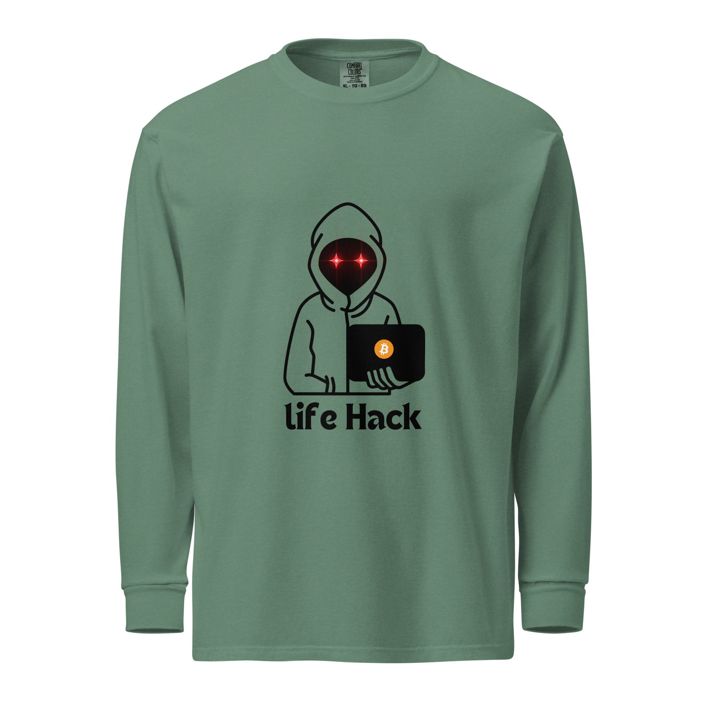Life Hack Garment-Dyed Heavyweight Long-Sleeve Shirt – Durable, soft long-sleeve shirt with a Bitcoin-themed 'Life Hack' design