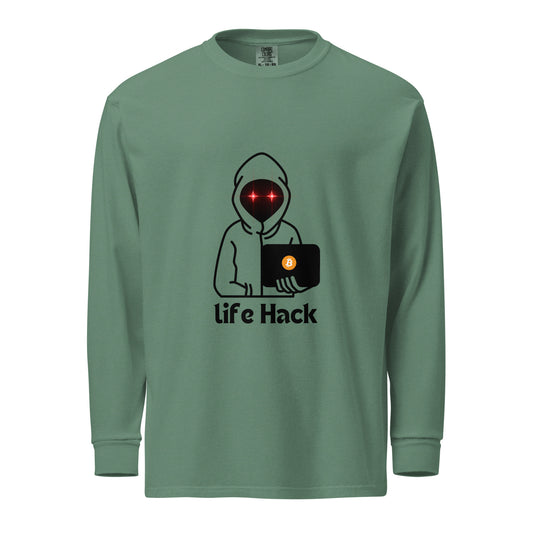 Life Hack Garment-Dyed Heavyweight Long-Sleeve Shirt – Durable, soft long-sleeve shirt with a Bitcoin-themed 'Life Hack' design