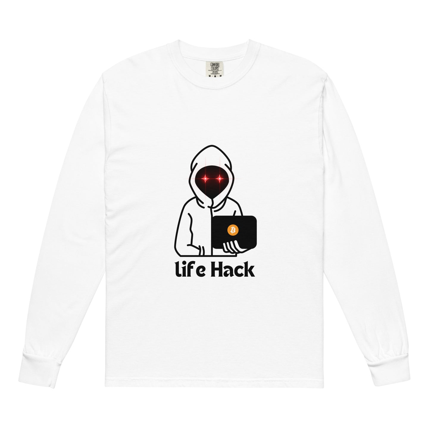 Life Hack Garment-Dyed Heavyweight Long-Sleeve Shirt – Durable, soft long-sleeve shirt with a Bitcoin-themed 'Life Hack' design