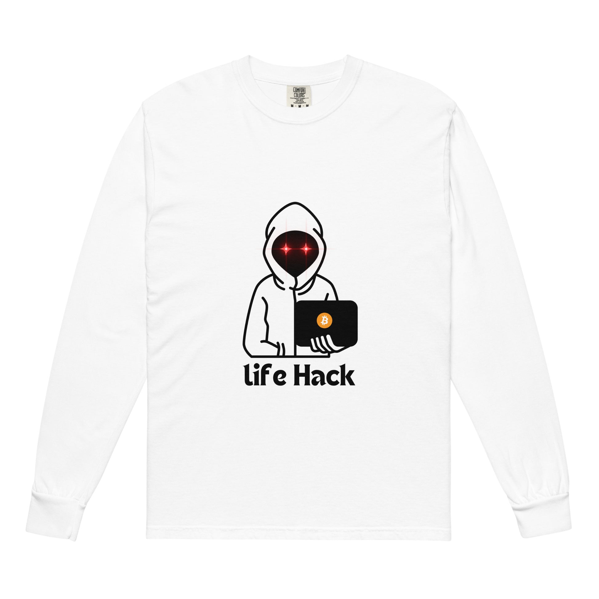 Life Hack Garment-Dyed Heavyweight Long-Sleeve Shirt – Durable, soft long-sleeve shirt with a Bitcoin-themed 'Life Hack' design
