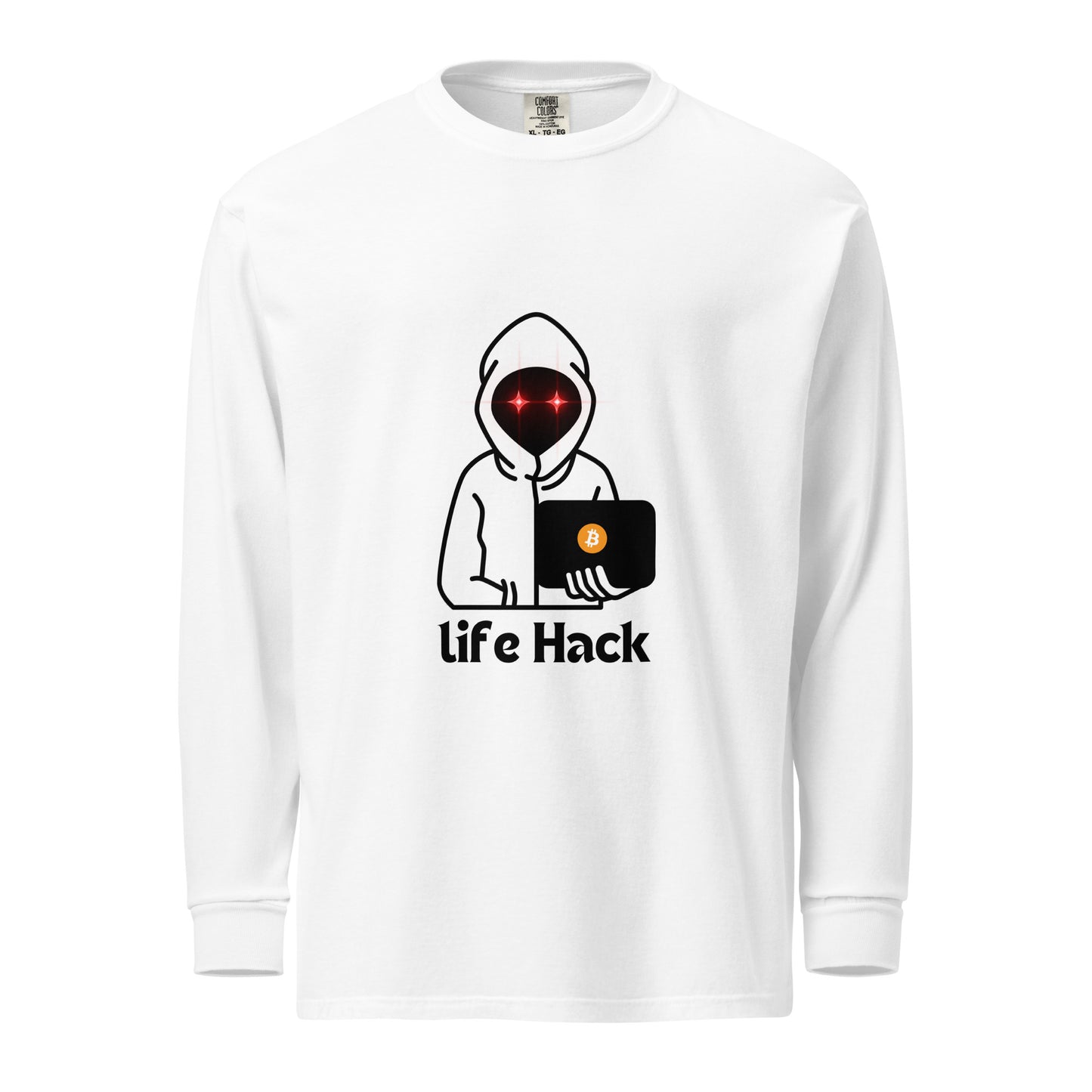 Life Hack Garment-Dyed Heavyweight Long-Sleeve Shirt – Durable, soft long-sleeve shirt with a Bitcoin-themed 'Life Hack' design