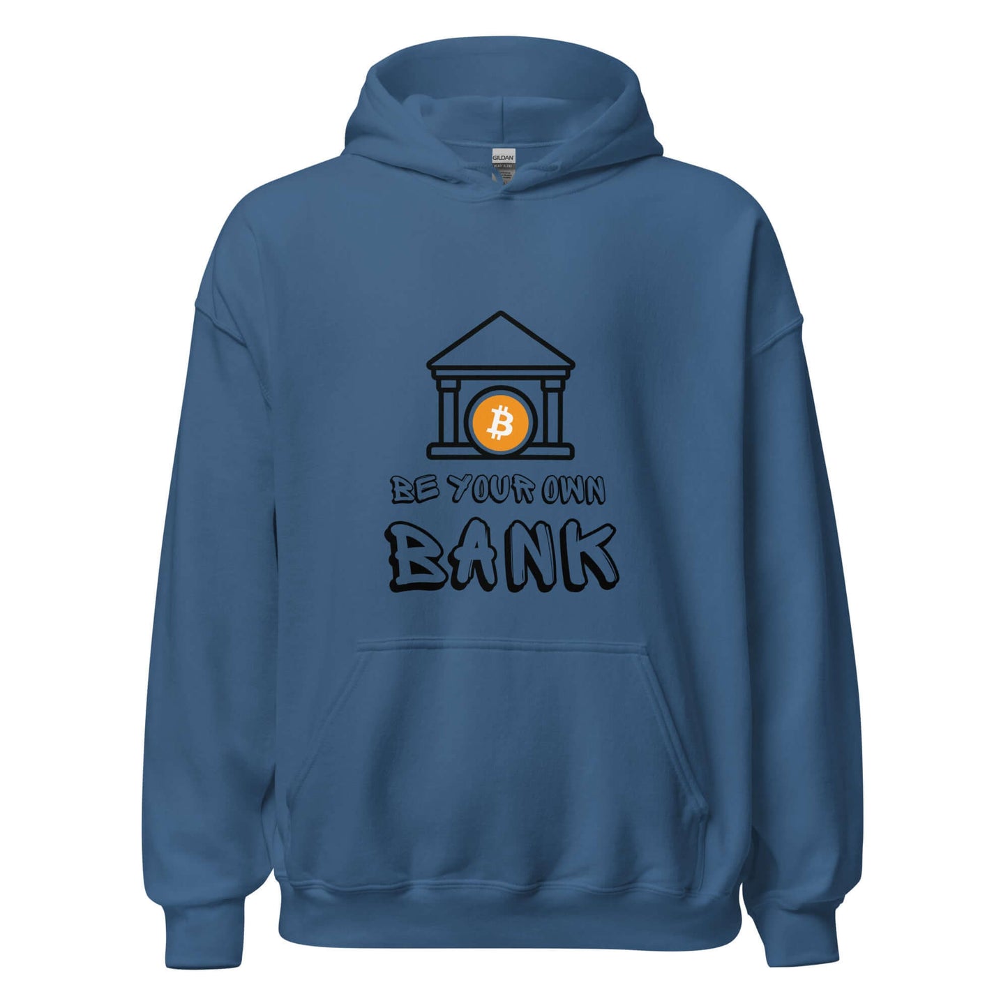 Shop the Be Your Own Bank Unisex Hoodie—Bitcoin-inspired hoodie for those who believe in financial freedom and self-sovereignty in indigo blue