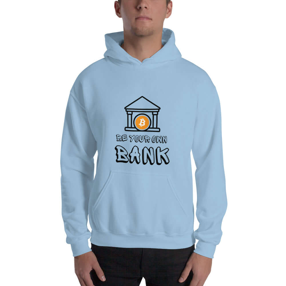 Shop the Be Your Own Bank Unisex Hoodie—Bitcoin-inspired hoodie for those who believe in financial freedom and self-sovereignty in blue