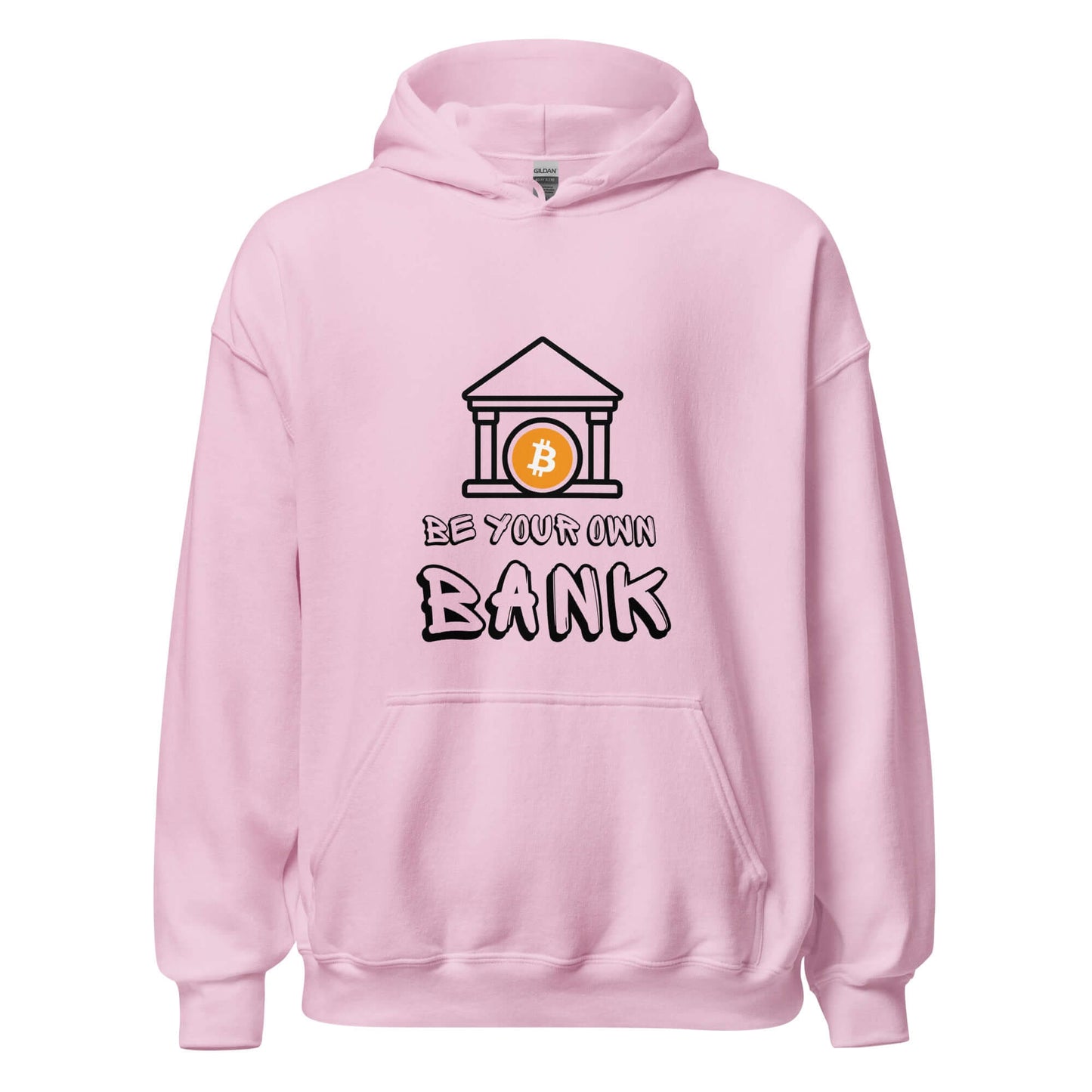 Shop the Be Your Own Bank Unisex Hoodie—Bitcoin-inspired hoodie for those who believe in financial freedom and self-sovereignty in pink