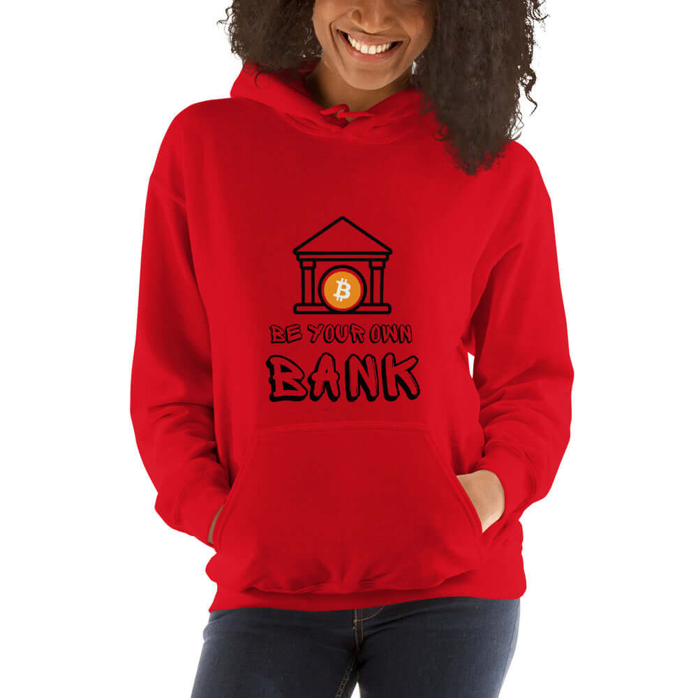 Shop the Be Your Own Bank Unisex Hoodie—Bitcoin-inspired hoodie for those who believe in financial freedom and self-sovereignty in red