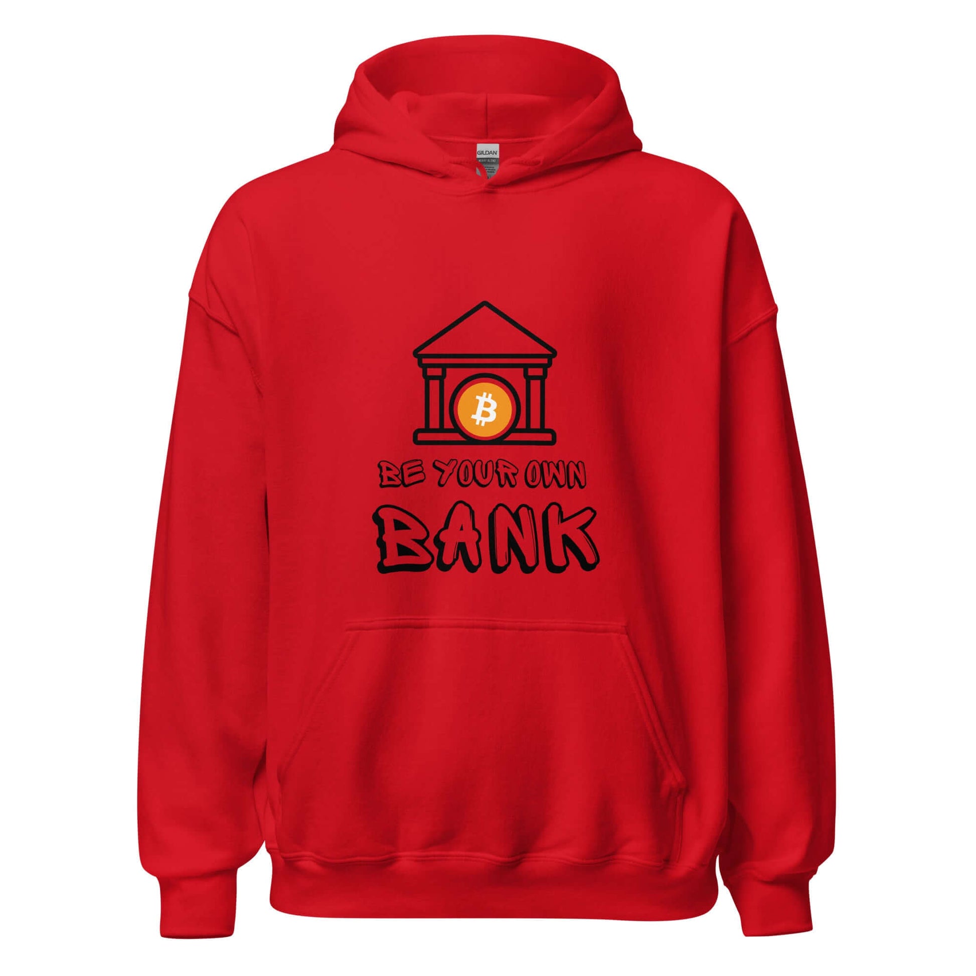 Shop the Be Your Own Bank Unisex Hoodie—Bitcoin-inspired hoodie for those who believe in financial freedom and self-sovereignty in red