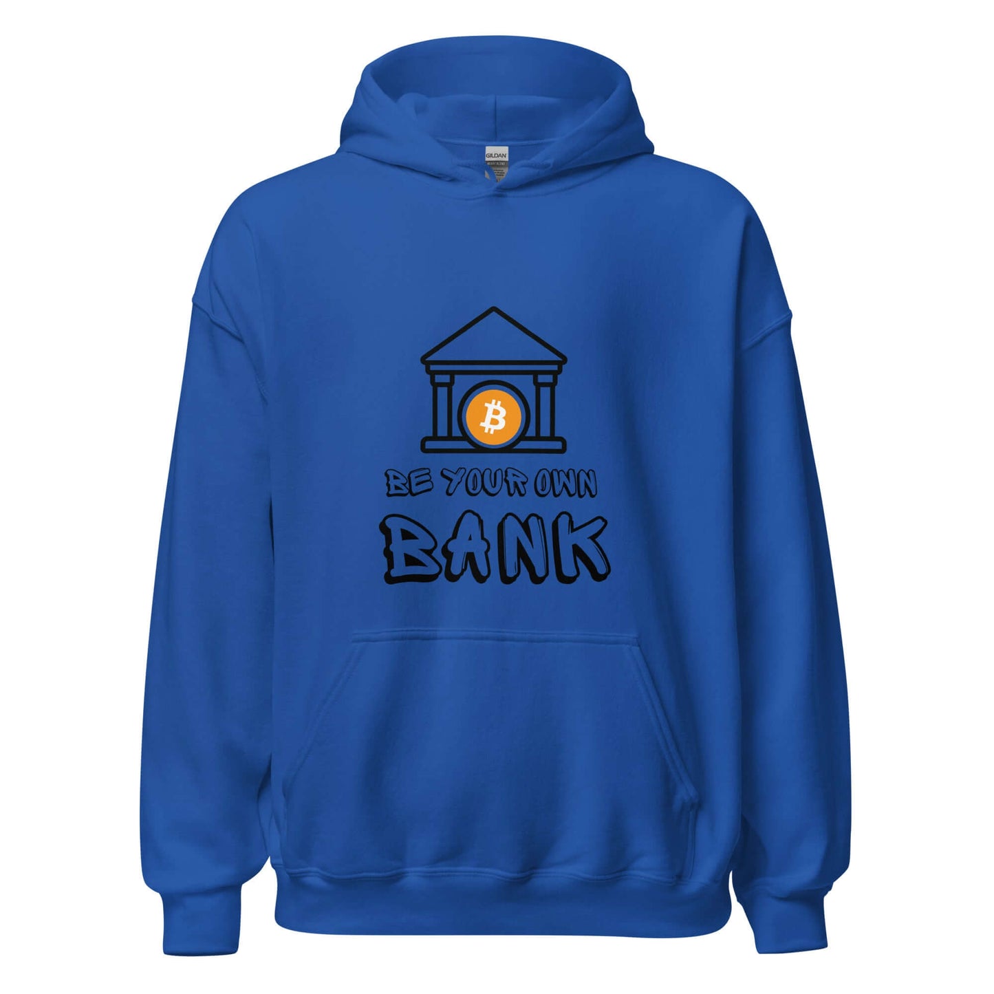 Shop the Be Your Own Bank Unisex Hoodie—Bitcoin-inspired hoodie for those who believe in financial freedom and self-sovereignty in royal blue