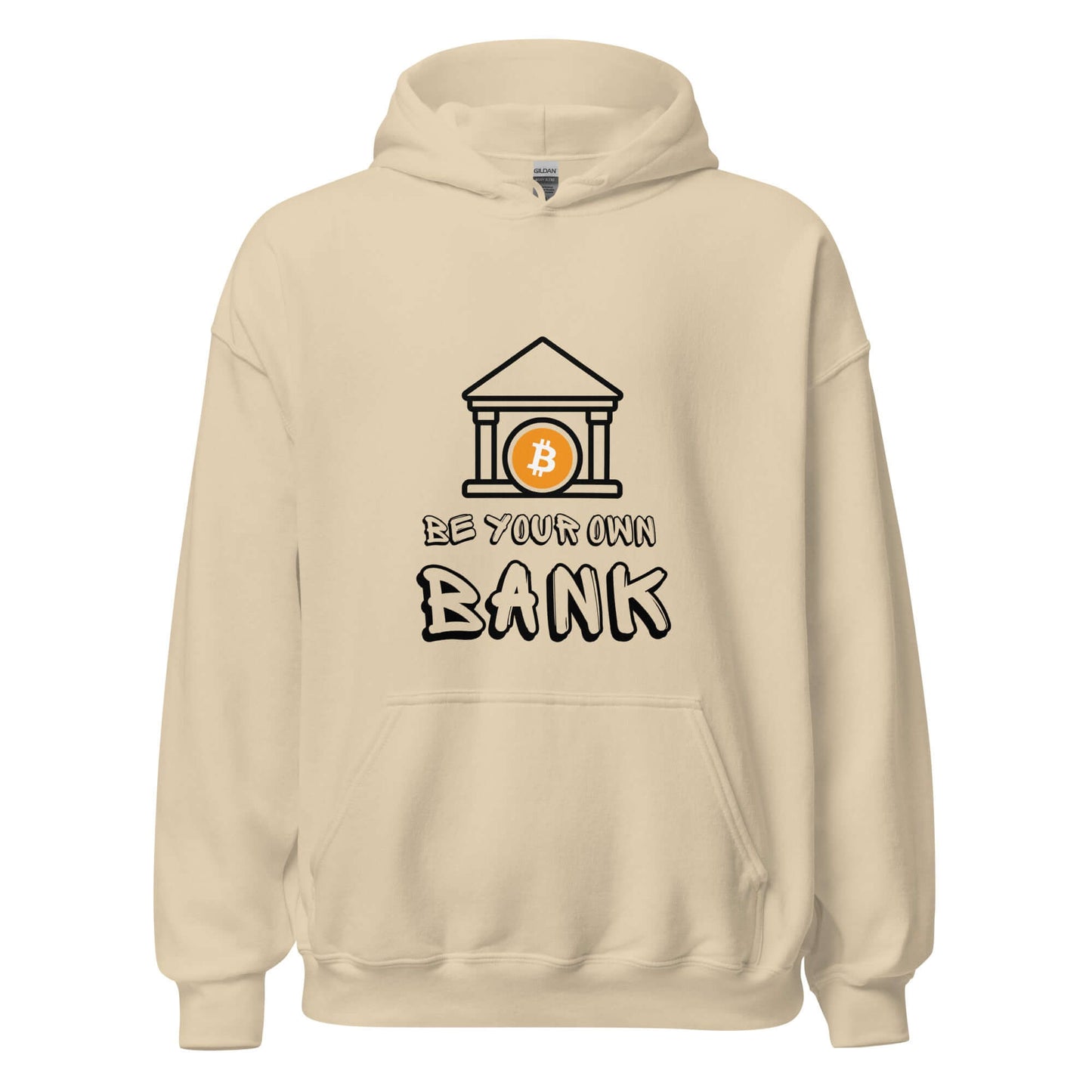 Shop the Be Your Own Bank Unisex Hoodie—Bitcoin-inspired hoodie for those who believe in financial freedom and self-sovereignty in sand
