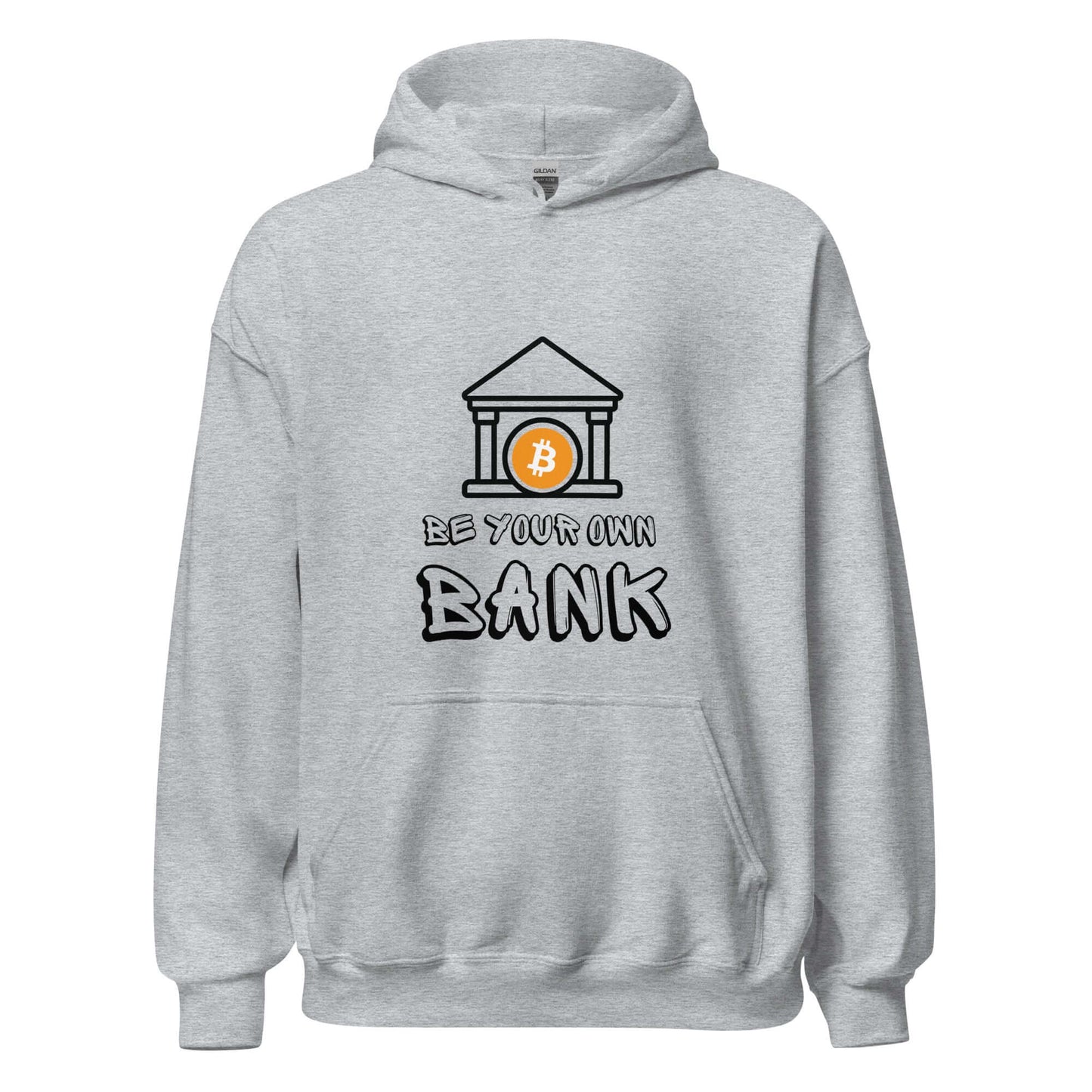 Shop the Be Your Own Bank Unisex Hoodie—Bitcoin-inspired hoodie for those who believe in financial freedom and self-sovereignty in sport grey
