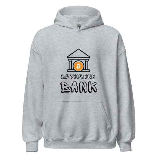 Shop the Be Your Own Bank Unisex Hoodie—Bitcoin-inspired hoodie for those who believe in financial freedom and self-sovereignty in sport grey