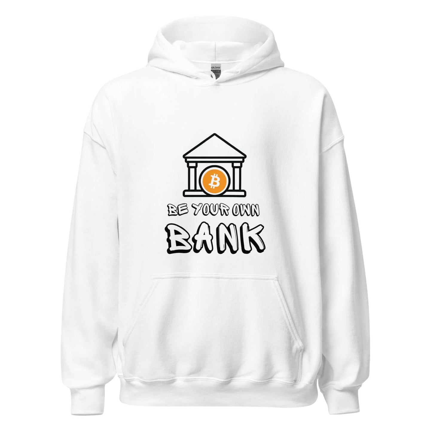Shop the Be Your Own Bank Unisex Hoodie—Bitcoin-inspired hoodie for those who believe in financial freedom and self-sovereignty in white