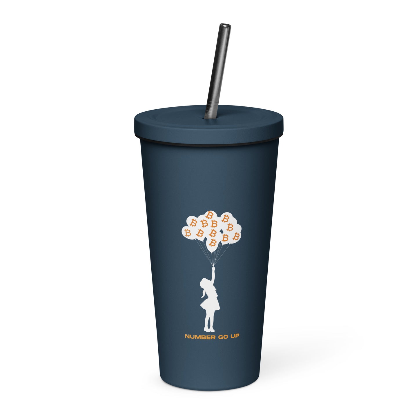 Insulated Number Go Up Tumbler with Straw – Stainless steel tumbler with Bitcoin-themed 'Number Go Up' design and reusable straw