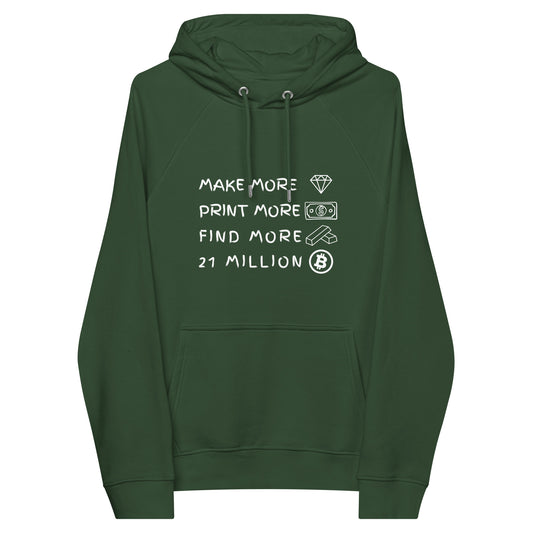 Make more, print more, find more, 21 Million Unisex eco raglan hoodie