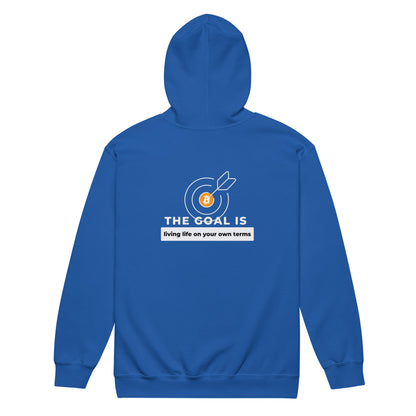 The Goal is Living Life on Your Own Terms Unisex Heavy Blend Zip Hoodie – Cozy zip-up hoodie with an empowering Bitcoin-themed design